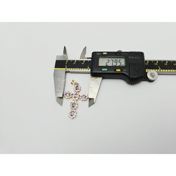 Unique 10K Karat Solid Yellow Gold Religious Tanzanite & CZ Cross Pendant Charm - Picture 11 of 13